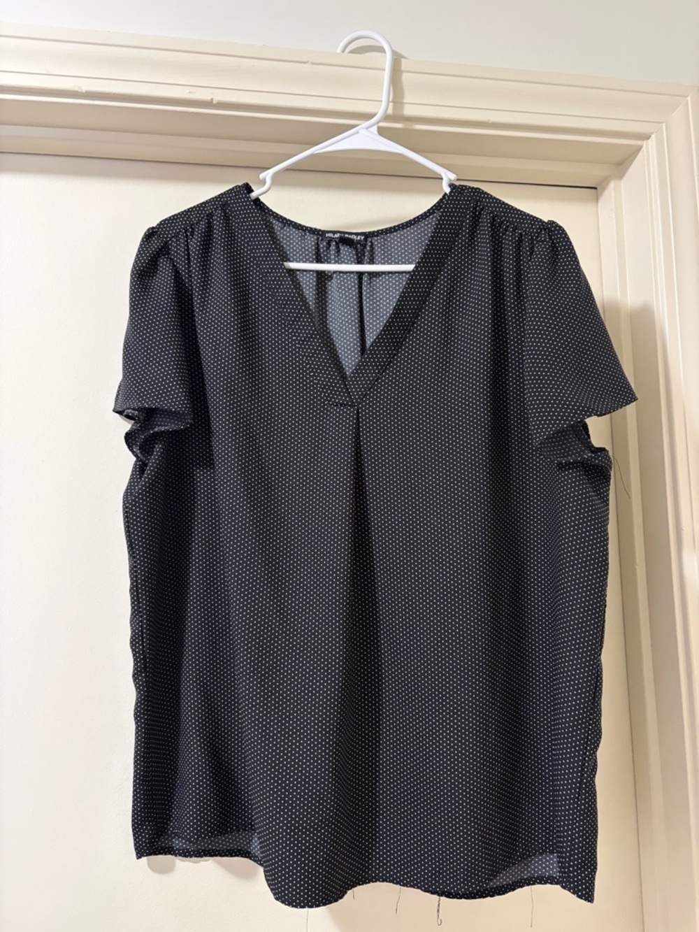 Black Dot Print V-Neck Flutter Sleeve Blouse